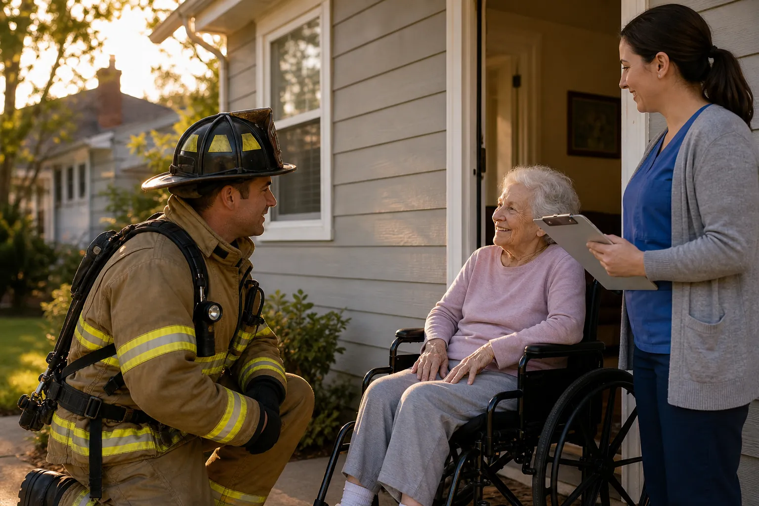 Firefighter speaks with an older wheelchair user at the front door while a caregiver holds an evacuation checklist