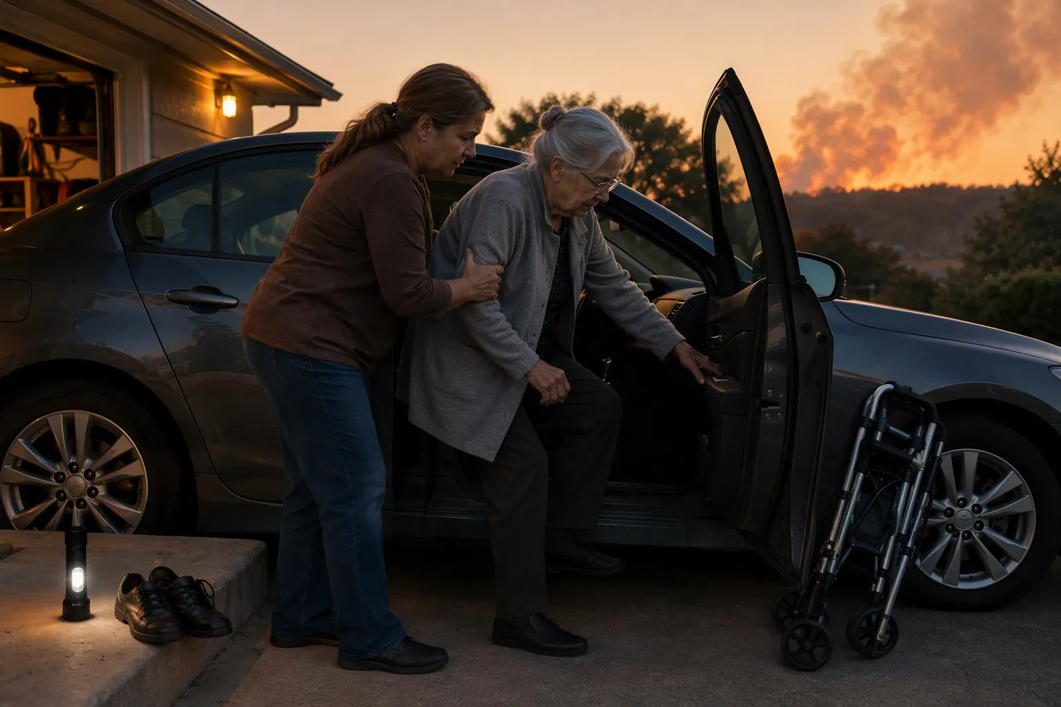 Caregiver helping an older adult practice sitting into a passenger seat while a folded rollator rests beside the car