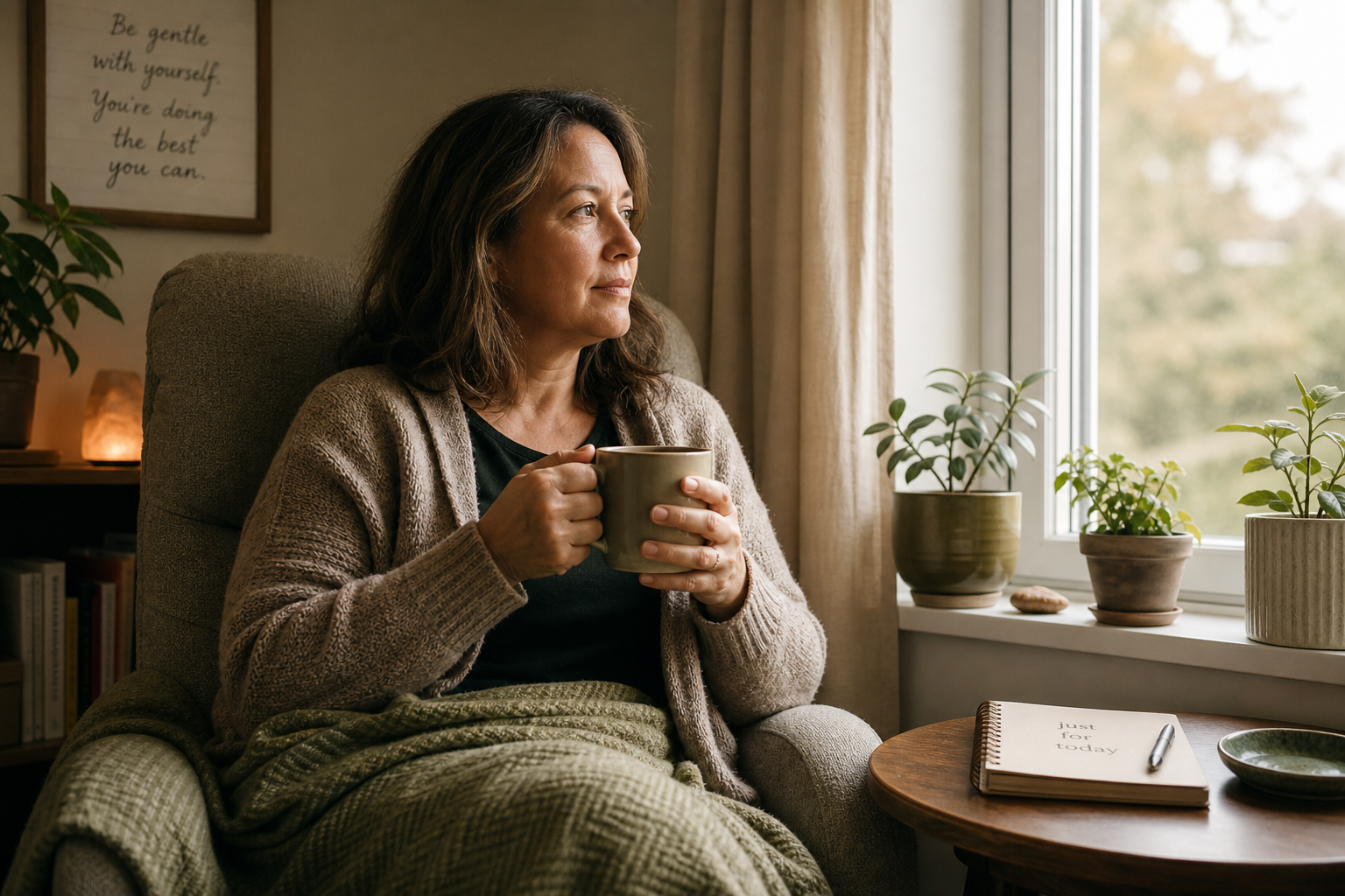 A middle-aged woman sitting alone in a cozy home corner, holding a mug of tea and looking out a window with a reflective expression.