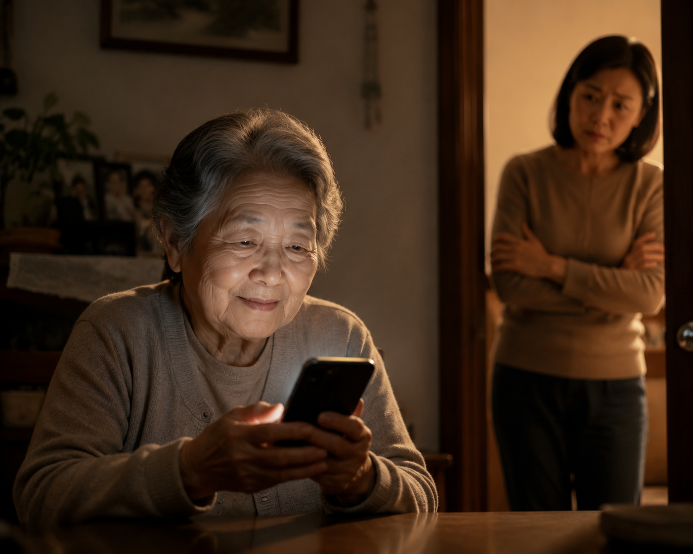 An older adult looking warmly at a glowing smartphone while an adult child watches from a doorway