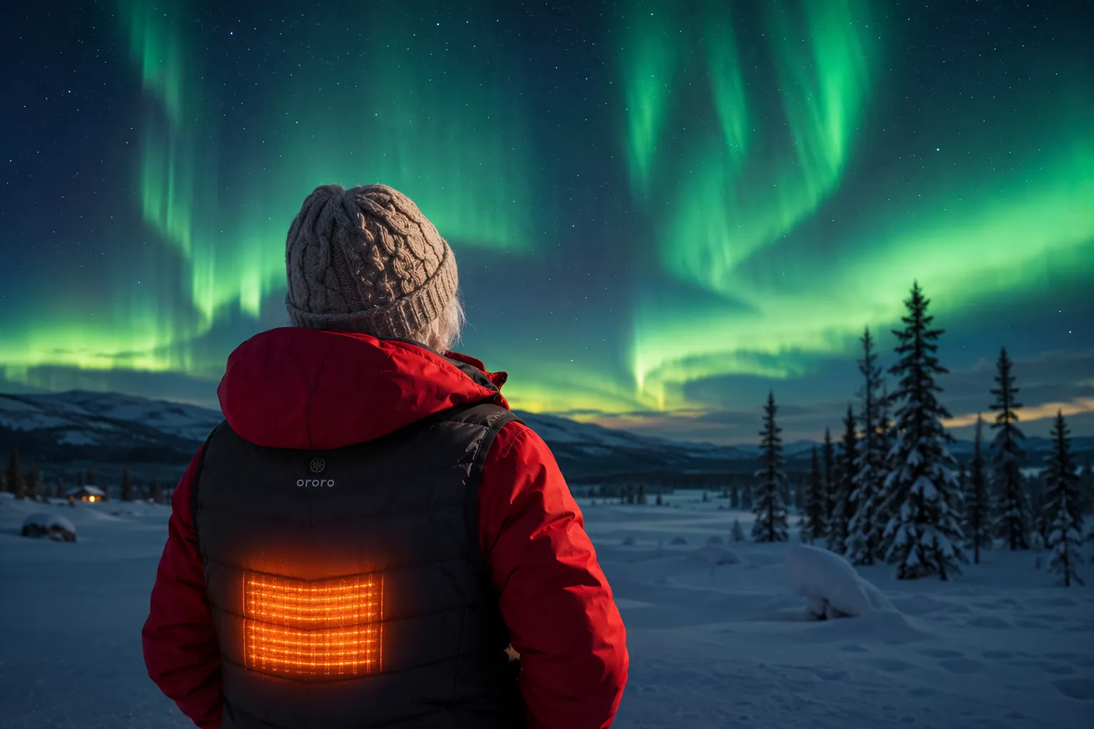 Older adult in layered winter clothing and a heated gilet standing under the northern lights