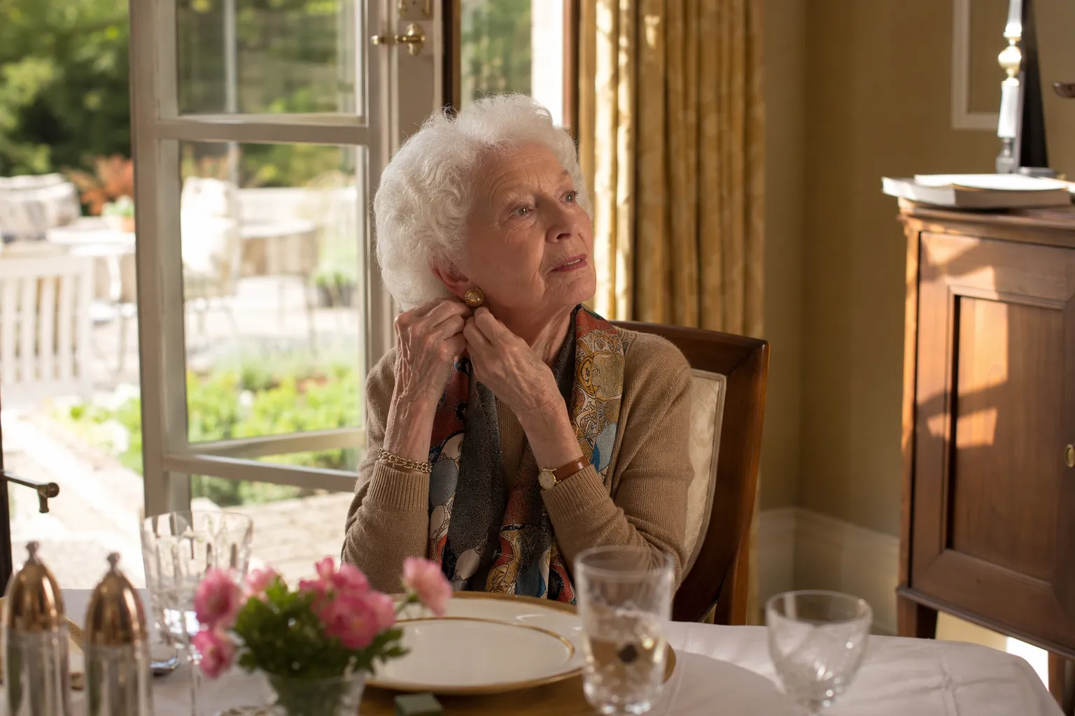 Elegant woman in her early 90s adjusting an earring at a sunlit dining table