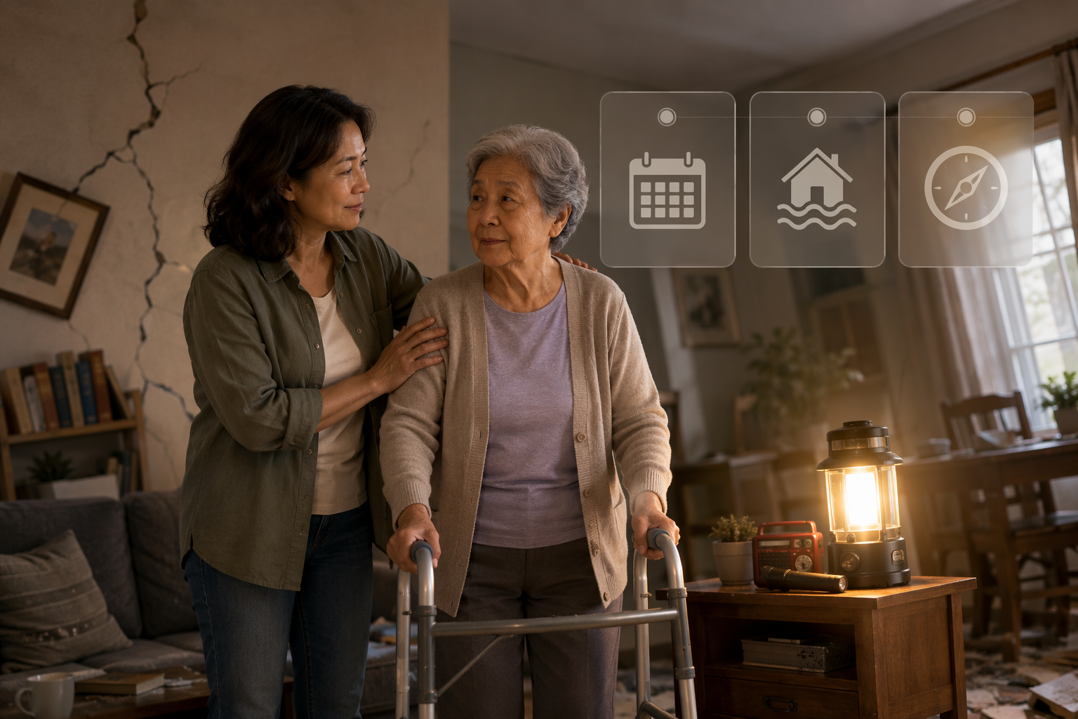 Adult child caregiver beside an elderly parent using a walker in a damaged living room with emergency timeline icons