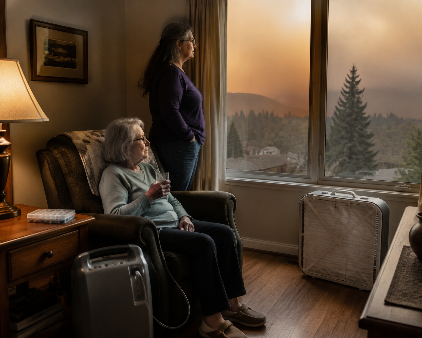 Older woman in a prepared living room during wildfire smoke with clear walking paths, filtered box fan, oxygen concentrator, water, and medication organizer