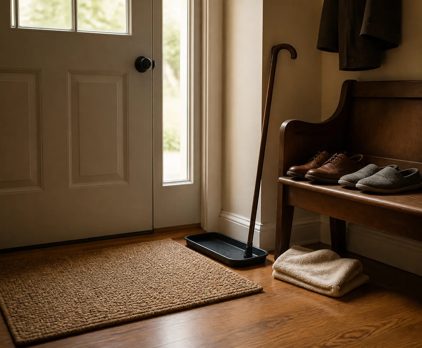 Indoor landing zone with doormat, bench, dry shoes, cane tip on a drying tray, and towel near the front door