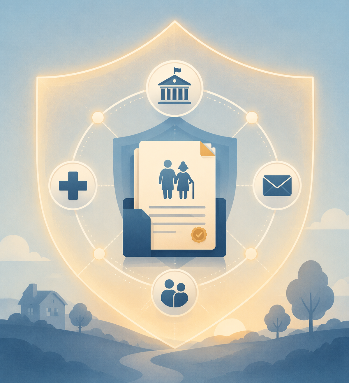 Illustration of government, medical, document, and shield icons protecting a central document