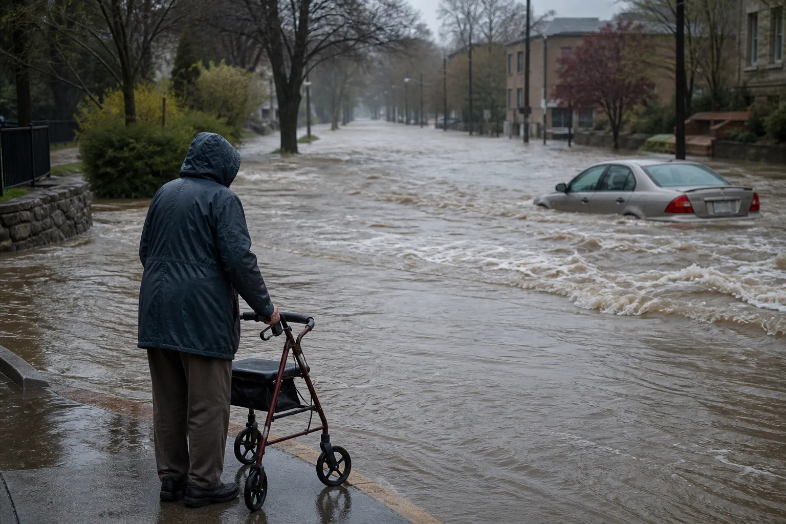 Older adult with a walker stopped at the edge of a flooded street with a half-submerged car in moving water