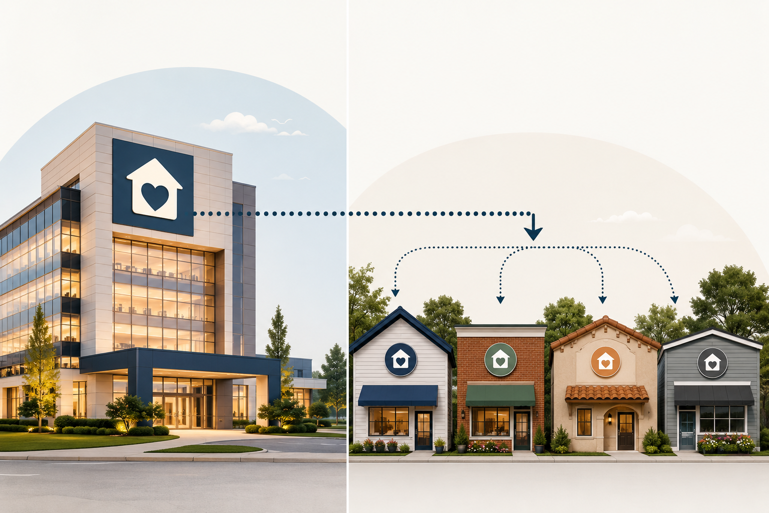 Illustration comparing national brand standards with varied local franchise offices