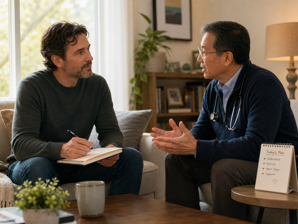 A warm illustration of an adult child caregiver sitting across from a doctor in a home setting, holding a notebook and listening thoughtfully.