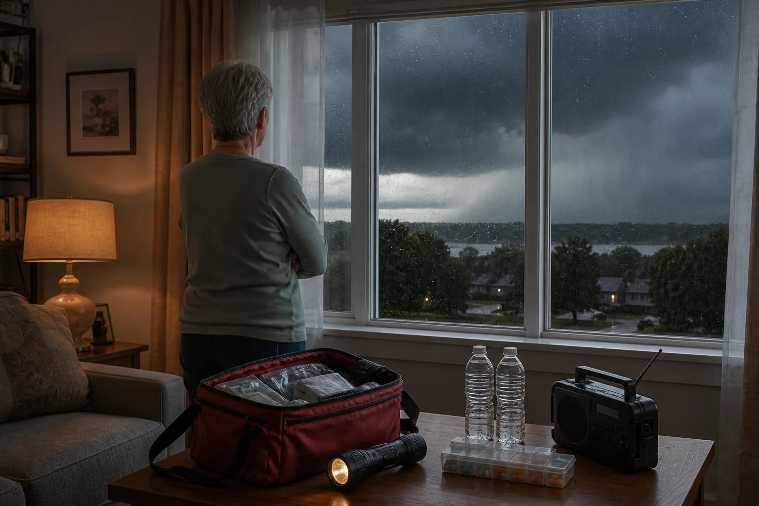 Older adult looking out at storm clouds with an emergency kit, flashlight, water bottles, pill organizer, and radio nearby