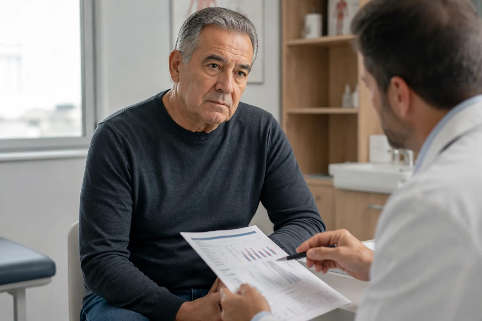 Older man reviewing a lab report with his doctor in a medical consultation room