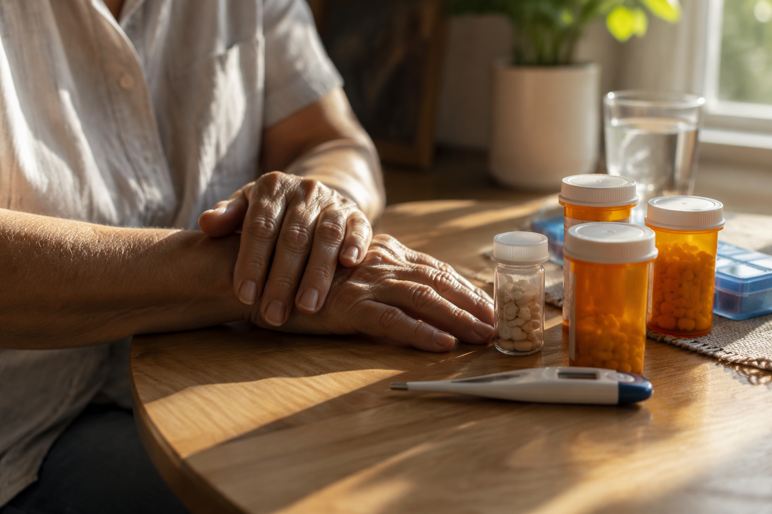 Older adult's hands beside prescription bottles and a digital thermometer on a sunlit kitchen table