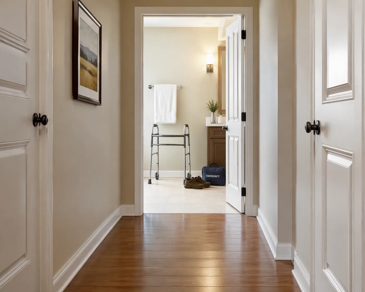 An uncluttered hallway leading to an interior bathroom shelter with a walker, sturdy shoes, and emergency bag already in place.