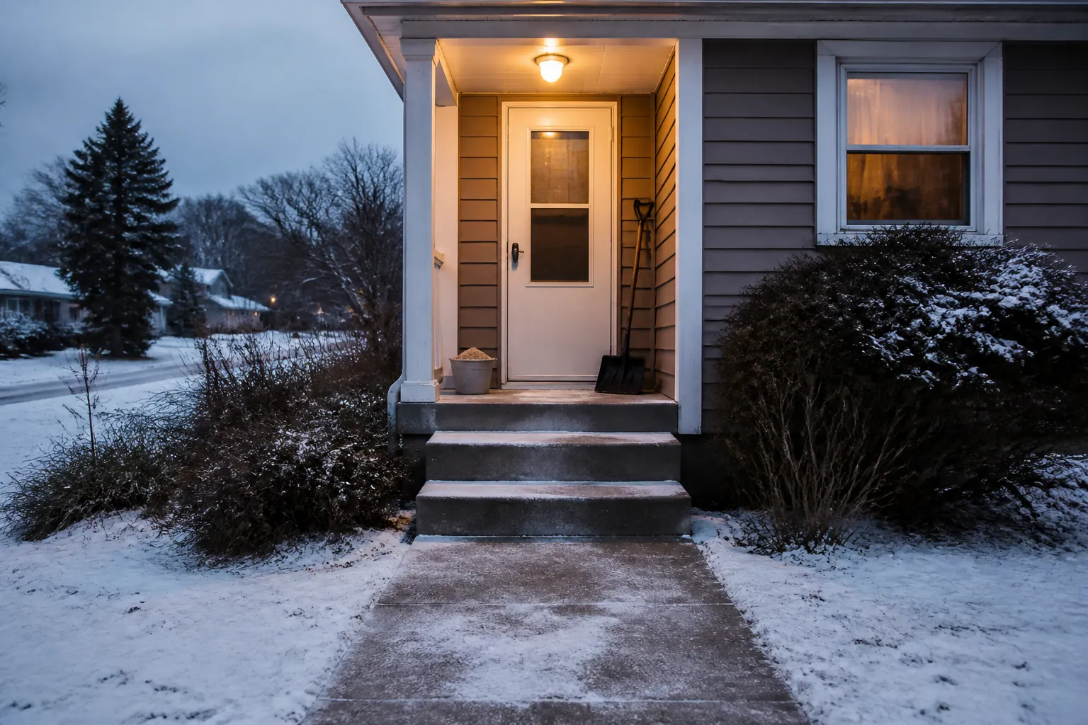 Michigan home entrance at winter dusk with an icy walkway, glowing porch light, sand bucket, and shovel near the door