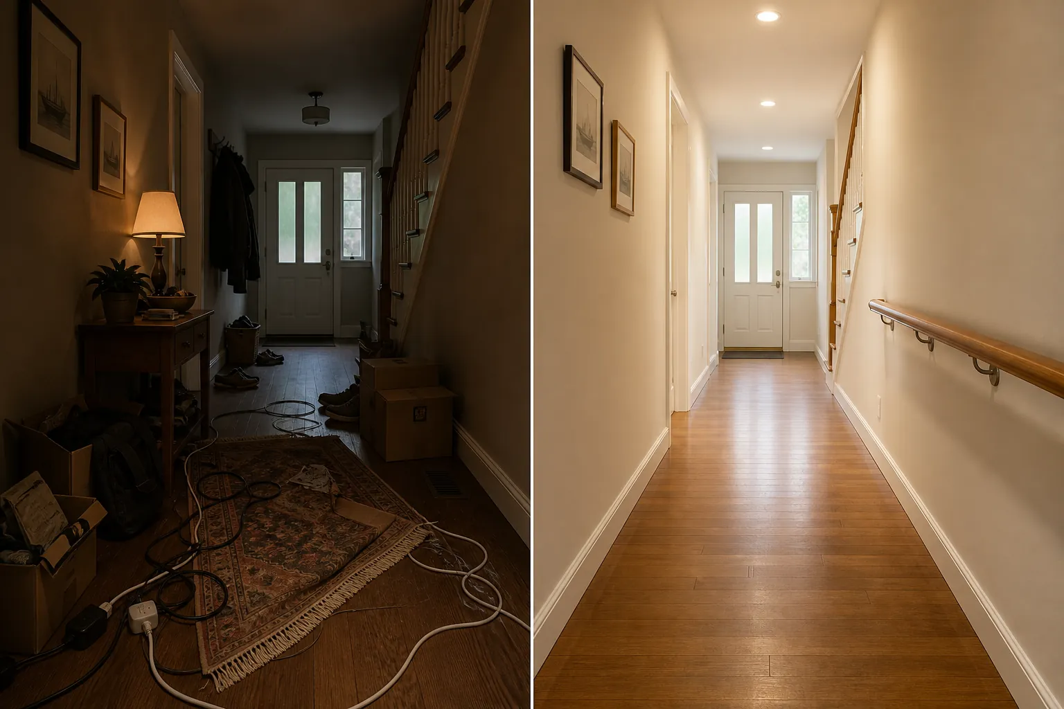 Comparison of a dim cluttered hallway and a cleared bright hallway with open floor and even lighting