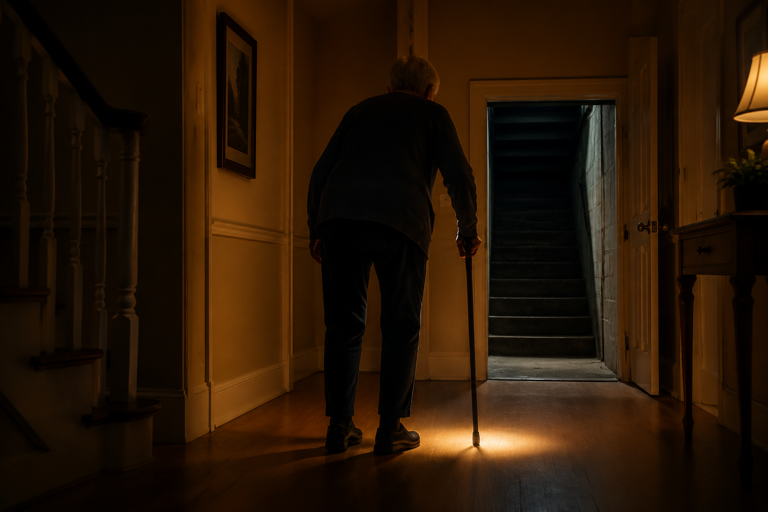 Older adult with a cane in a dim hallway near a dark basement stairway during a tornado warning