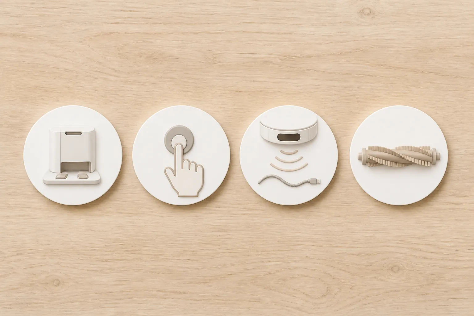 Flat-lay icons showing a docking station, physical button, cord sensor, and brush roll