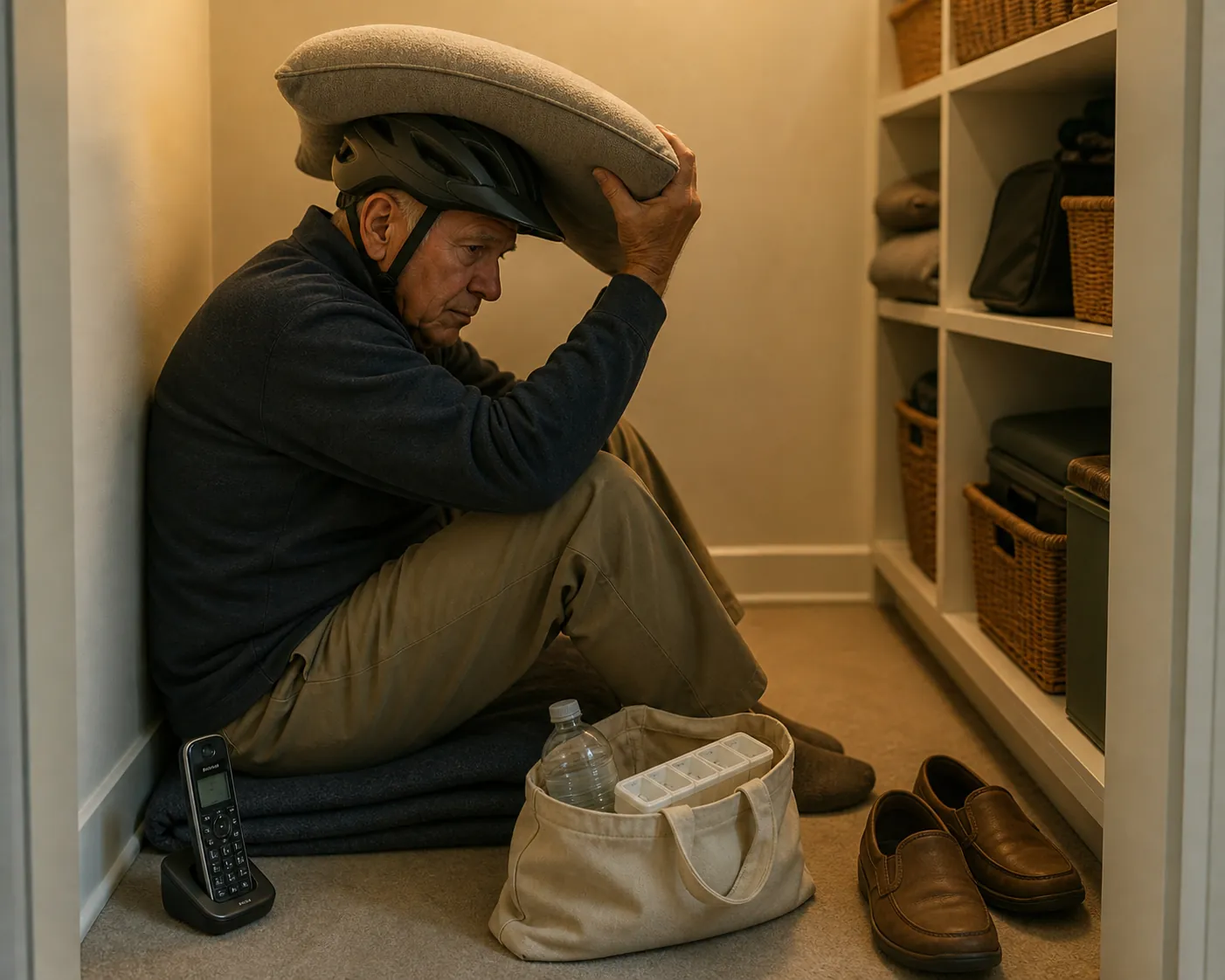Older man wearing a helmet and holding a cushion over his head and neck in a small windowless interior room