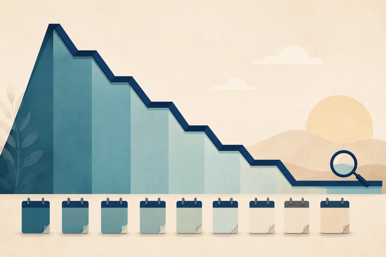 Illustration of a forecast line descending from a high peak to a lower plateau with calendar markers