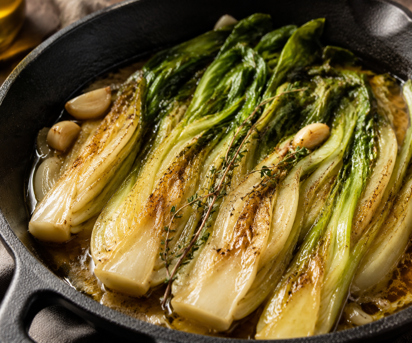 Braised romaine lettuce in a cast-iron skillet with golden broth, garlic, and thyme