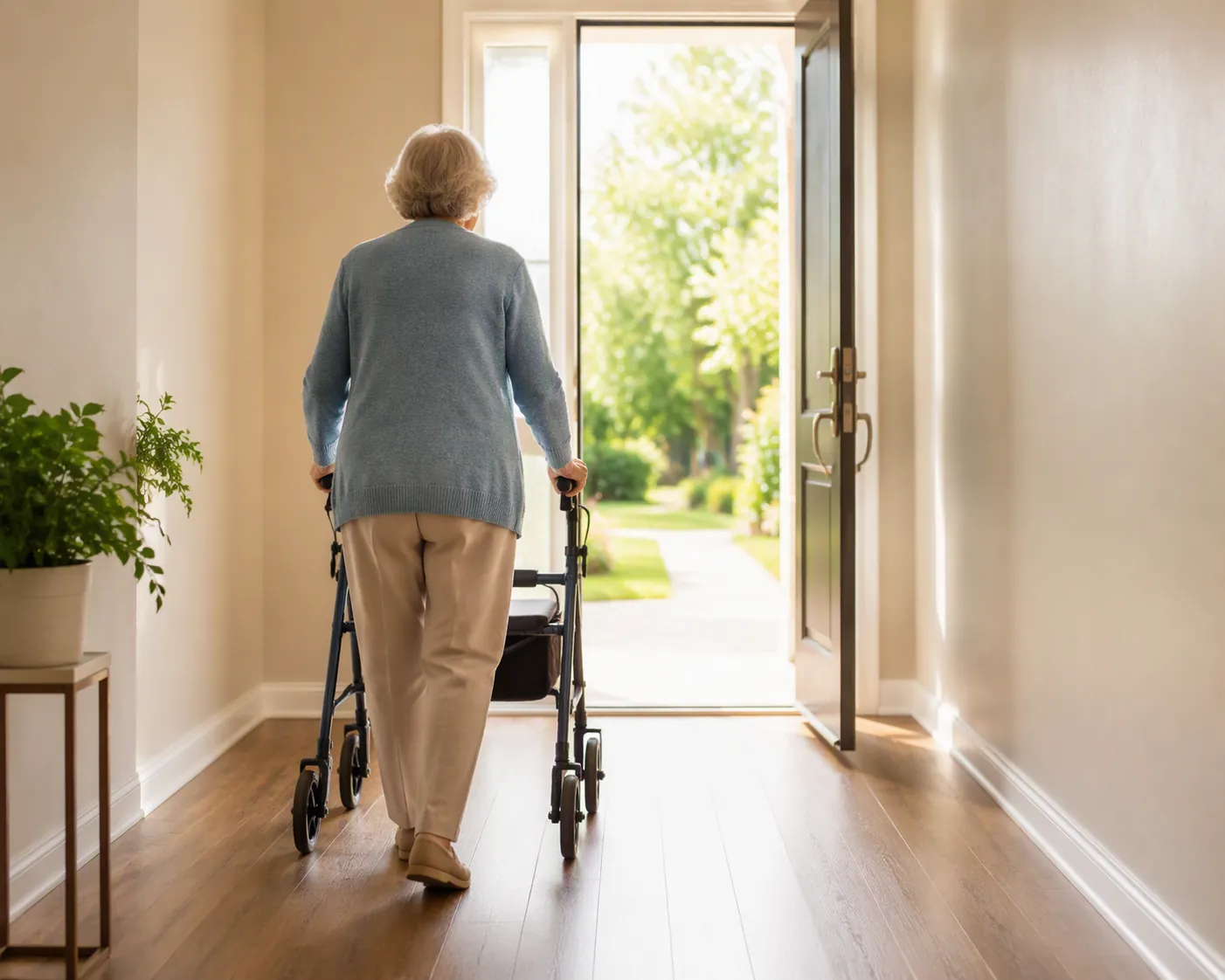 Senior woman using a rolling walker through a clear hallway toward an open front door