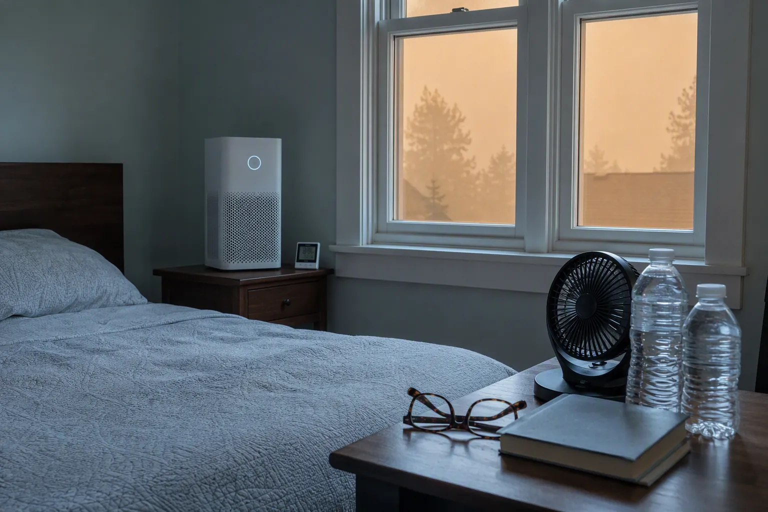 A bedroom prepared as a clean air room with closed windows, a portable air cleaner, thermometer, water, fan, and glasses
