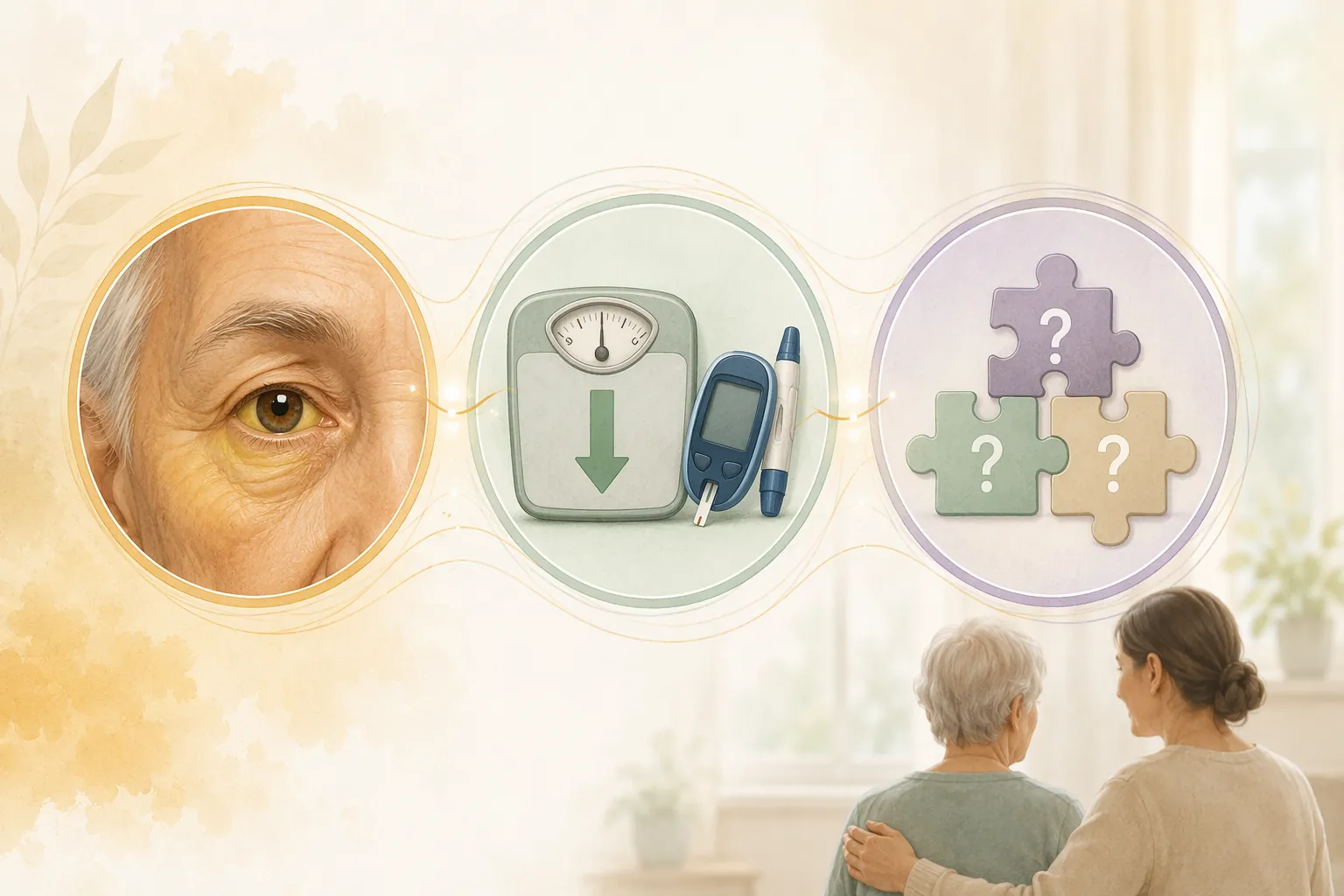 Medical illustration showing jaundice, new diabetes with weight loss, and multiple vague symptoms coming together