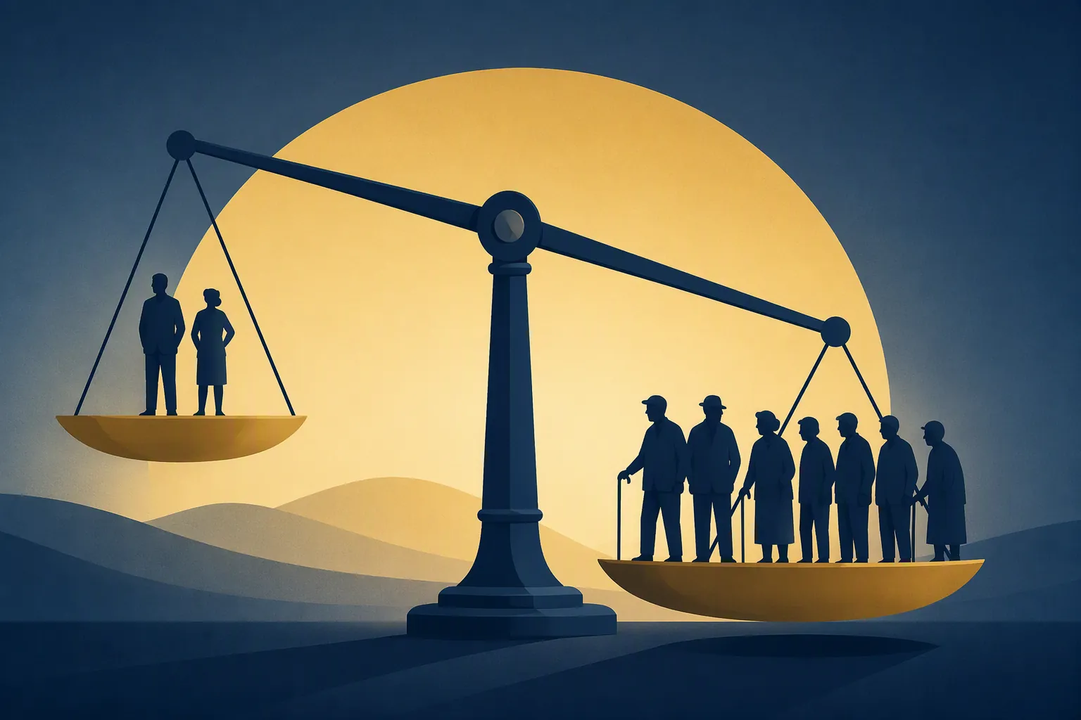 Balance scale illustration showing fewer workers supporting more retirees