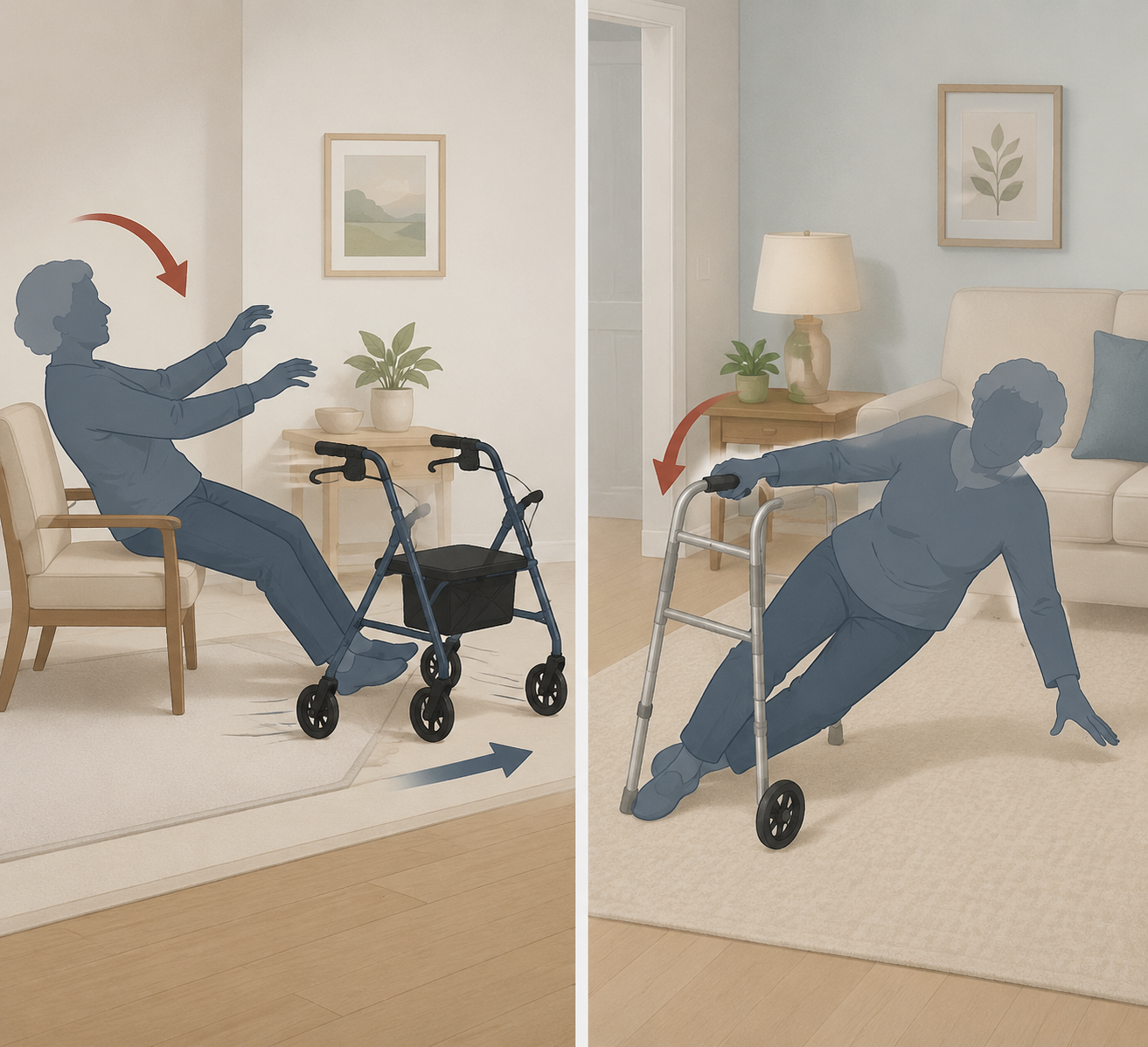 Comparison of a rollator user falling backward during weight transfer and a two-wheel walker user falling sideways while turning