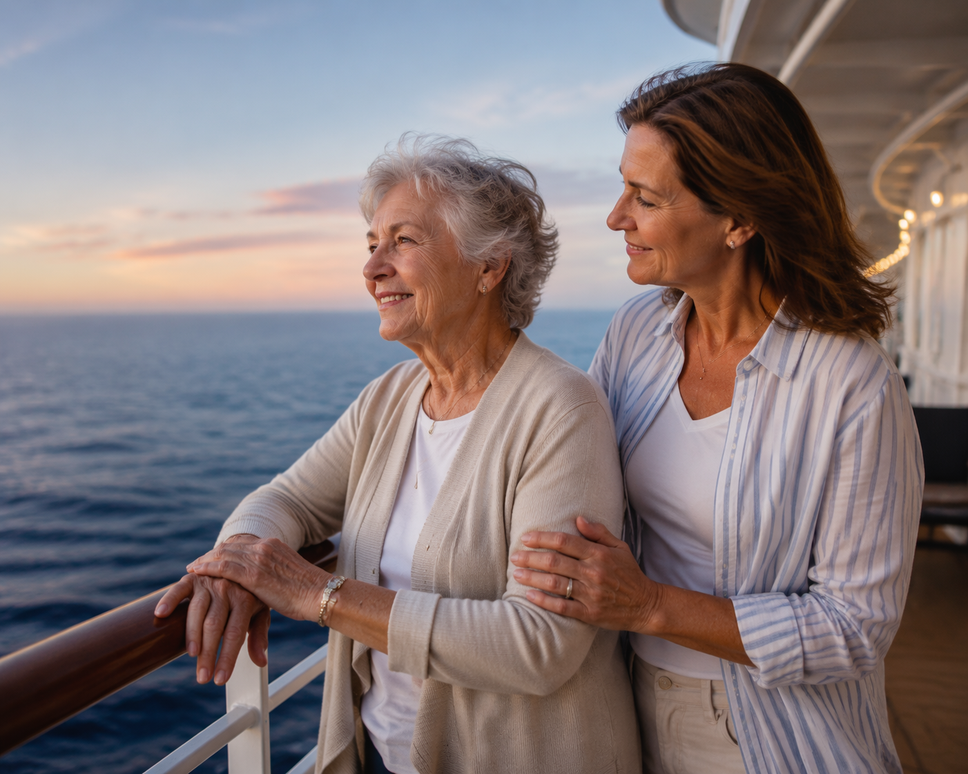 Older woman and middle-aged caregiver standing together on a cruise ship deck at sunset