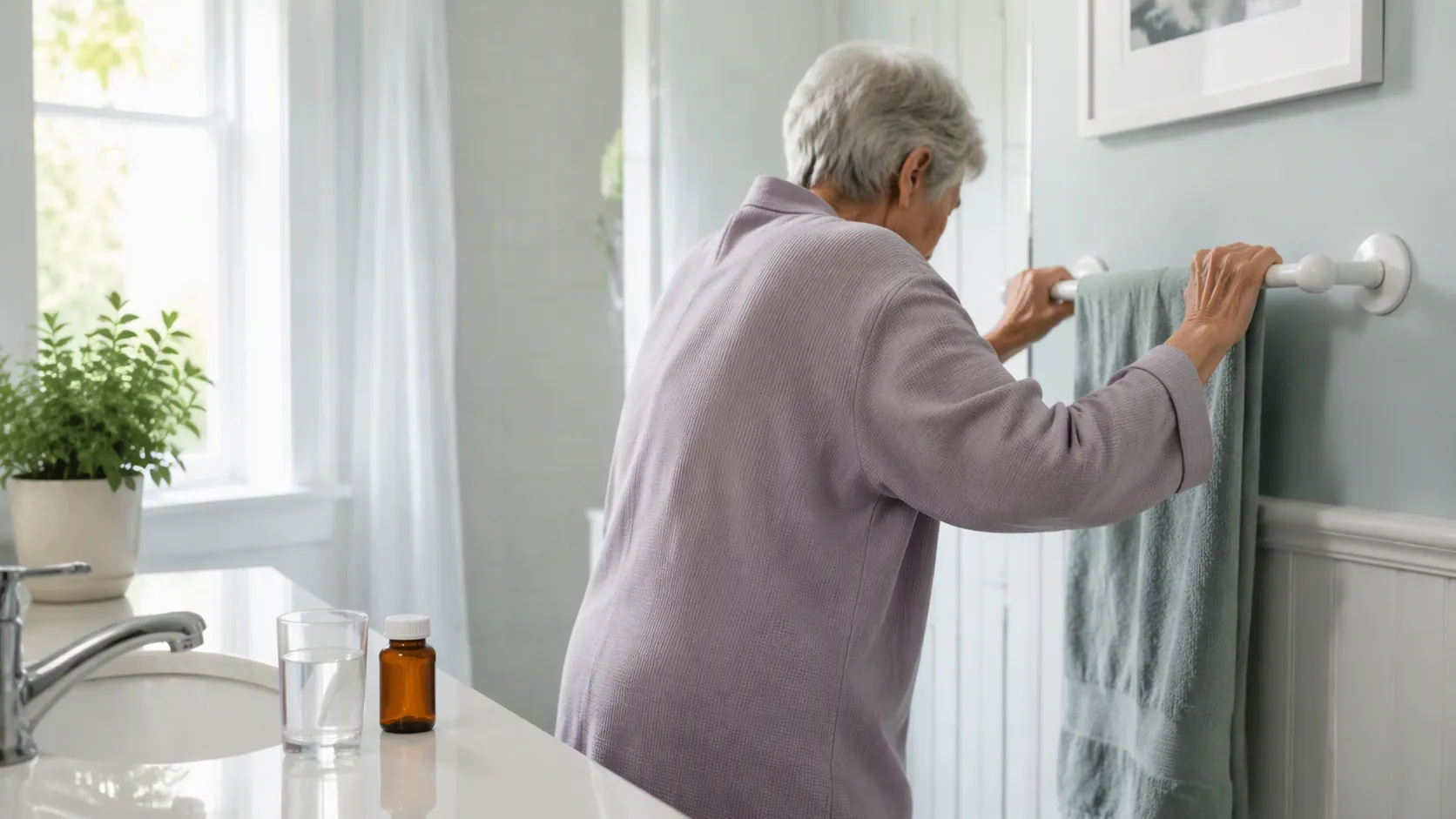 Older adult in a bathroom gripping a towel bar while a glass of water and pill bottle sit nearby