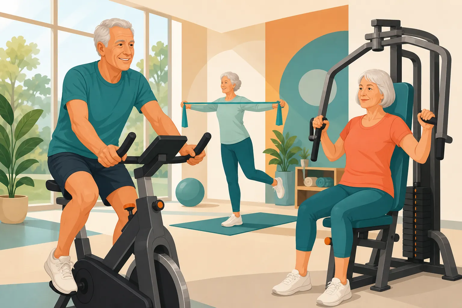Older adults using a stationary bike, seated strength machine, and resistance band for balance work in a bright gym