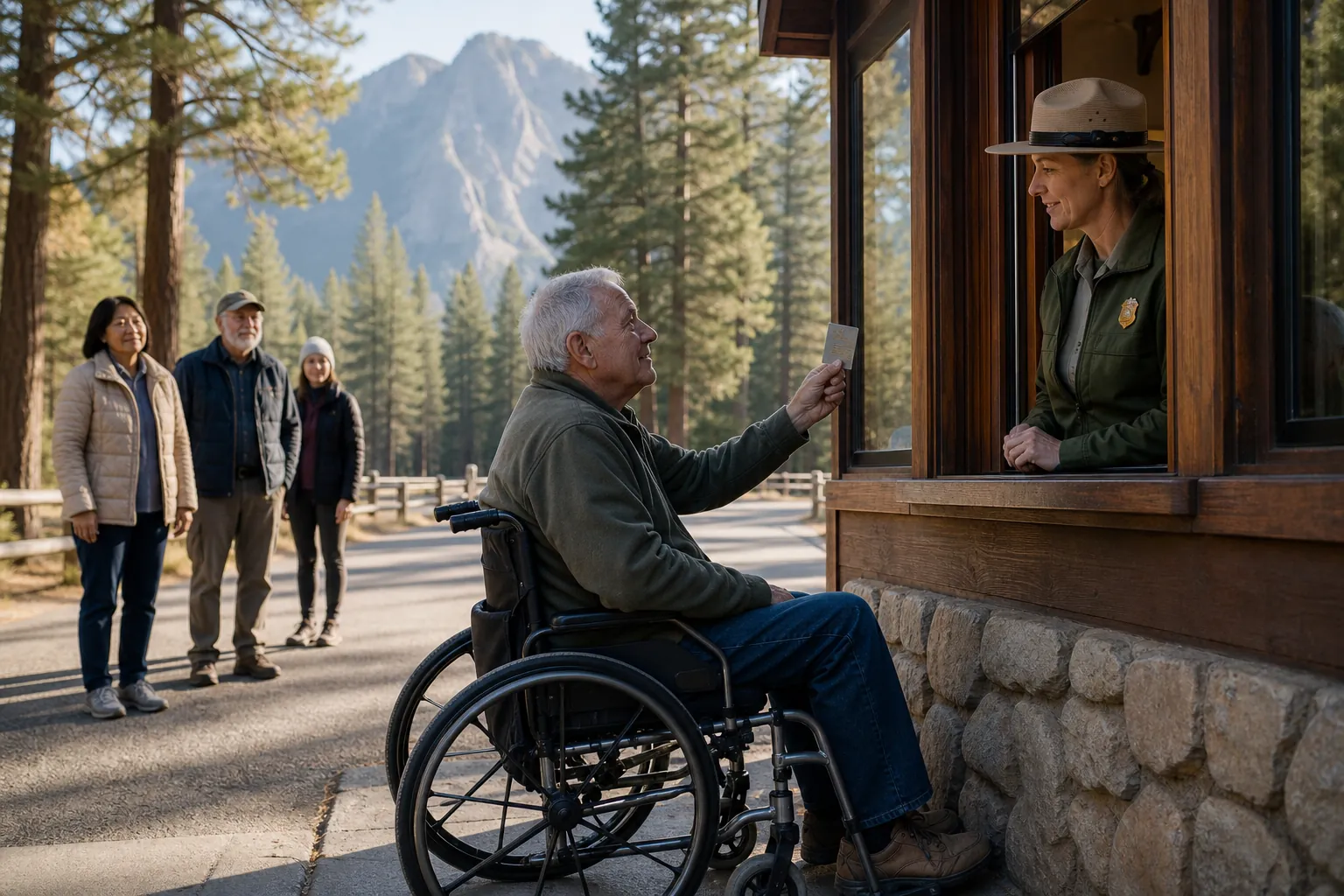 Older adult in a wheelchair presenting a park pass at a calm national park entrance booth