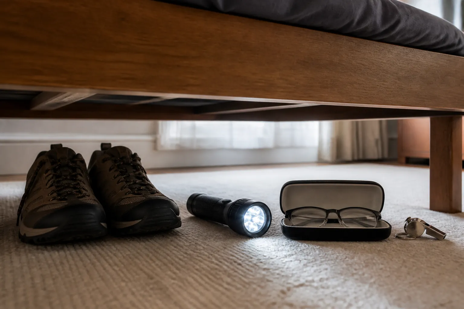 Under-bed earthquake kit with sturdy shoes, flashlight, glasses in a hard case, and a whistle