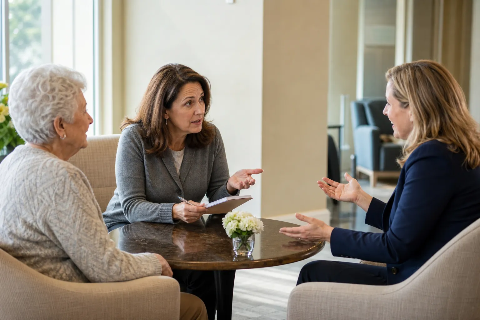 Adult daughter asking a senior living community manager direct questions while seated beside an older parent