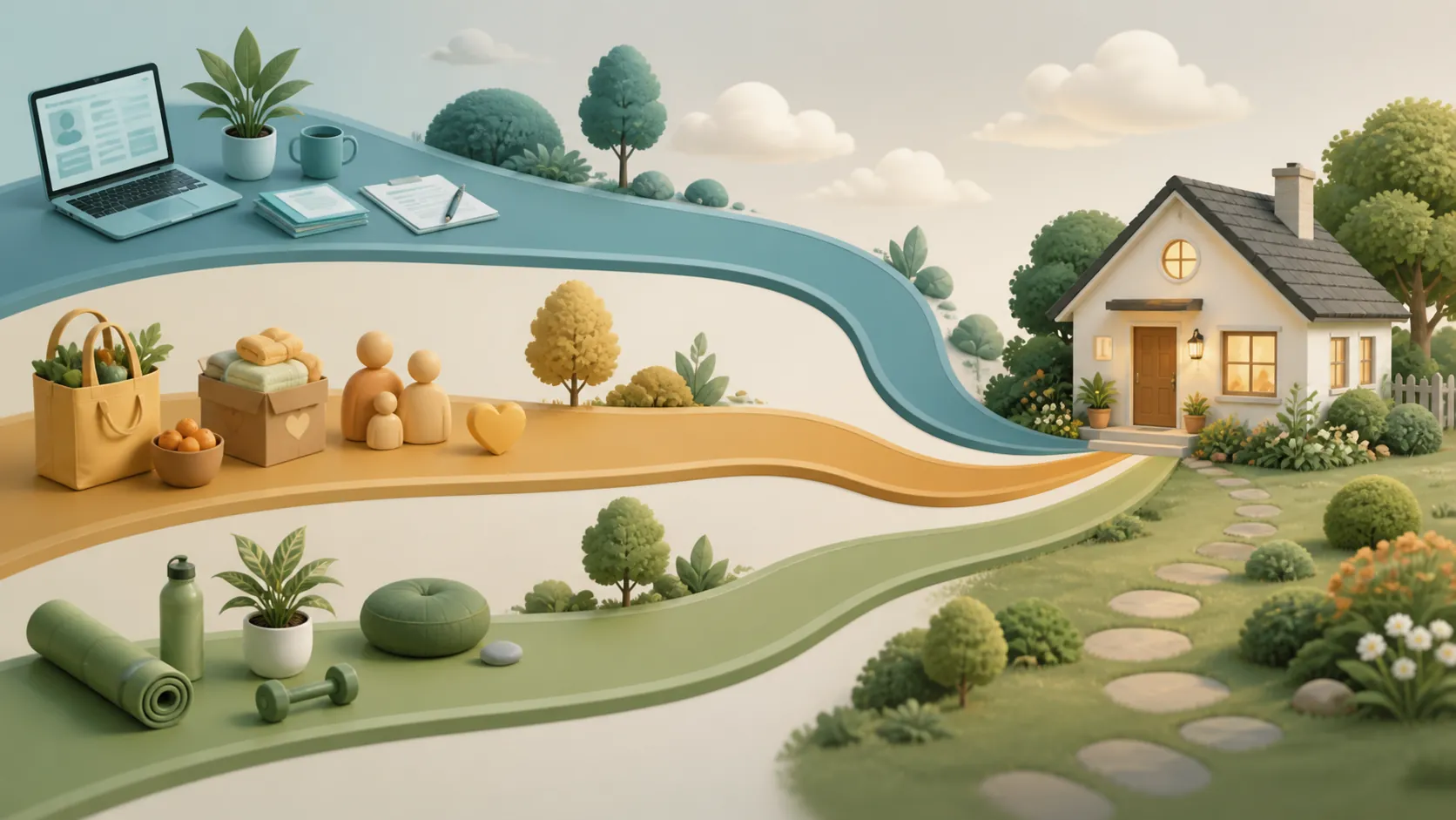Three parallel care pathways leading toward a small house