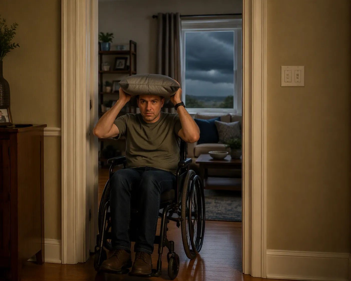 Wheelchair user in an interior doorway away from windows protects their head with a cushion