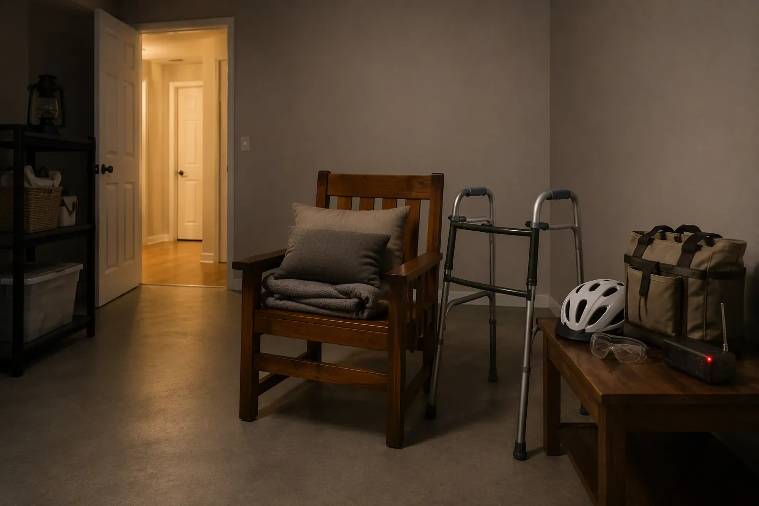 Windowless interior room prepared as a tornado shelter for an older adult with a walker, helmet, goggles, blankets, pillows, supply bag, and weather alert radio