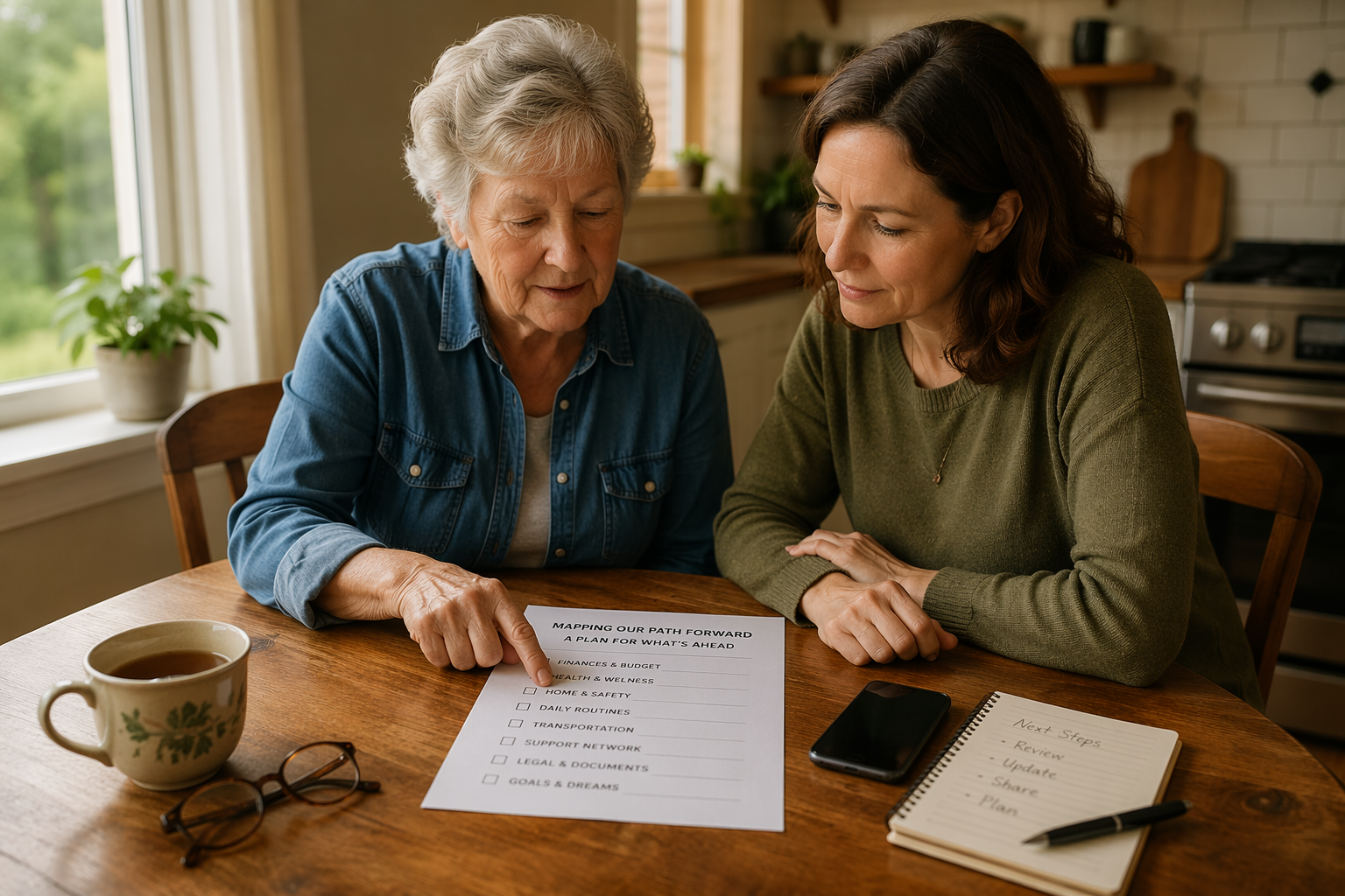 An older adult and a middle‑aged caregiver sitting at a kitchen table, reviewing a paper checklist together, with a cup of tea and phone nearby.