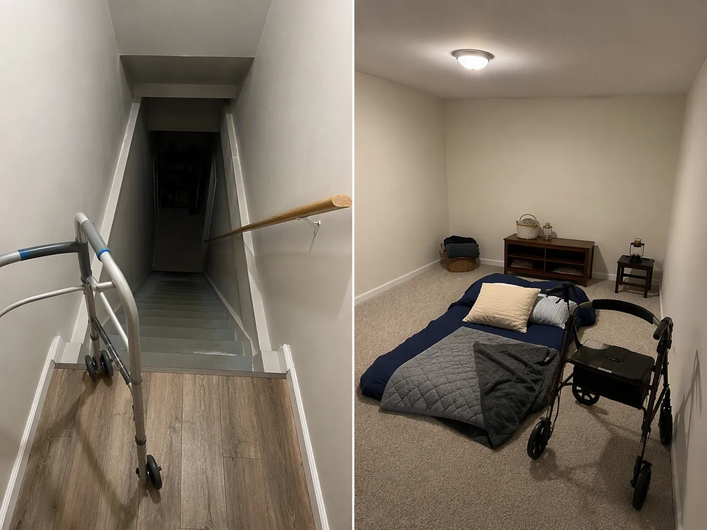 Comparison of a steep basement stairway with a walker at the top and a same-floor windowless interior room prepared with pillows, blankets, and a mobility aid
