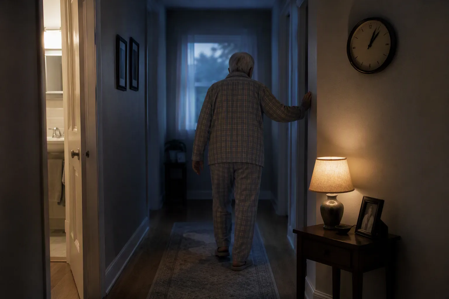 Older adult walking carefully down a dimly lit hallway at dawn toward a softly lit bathroom