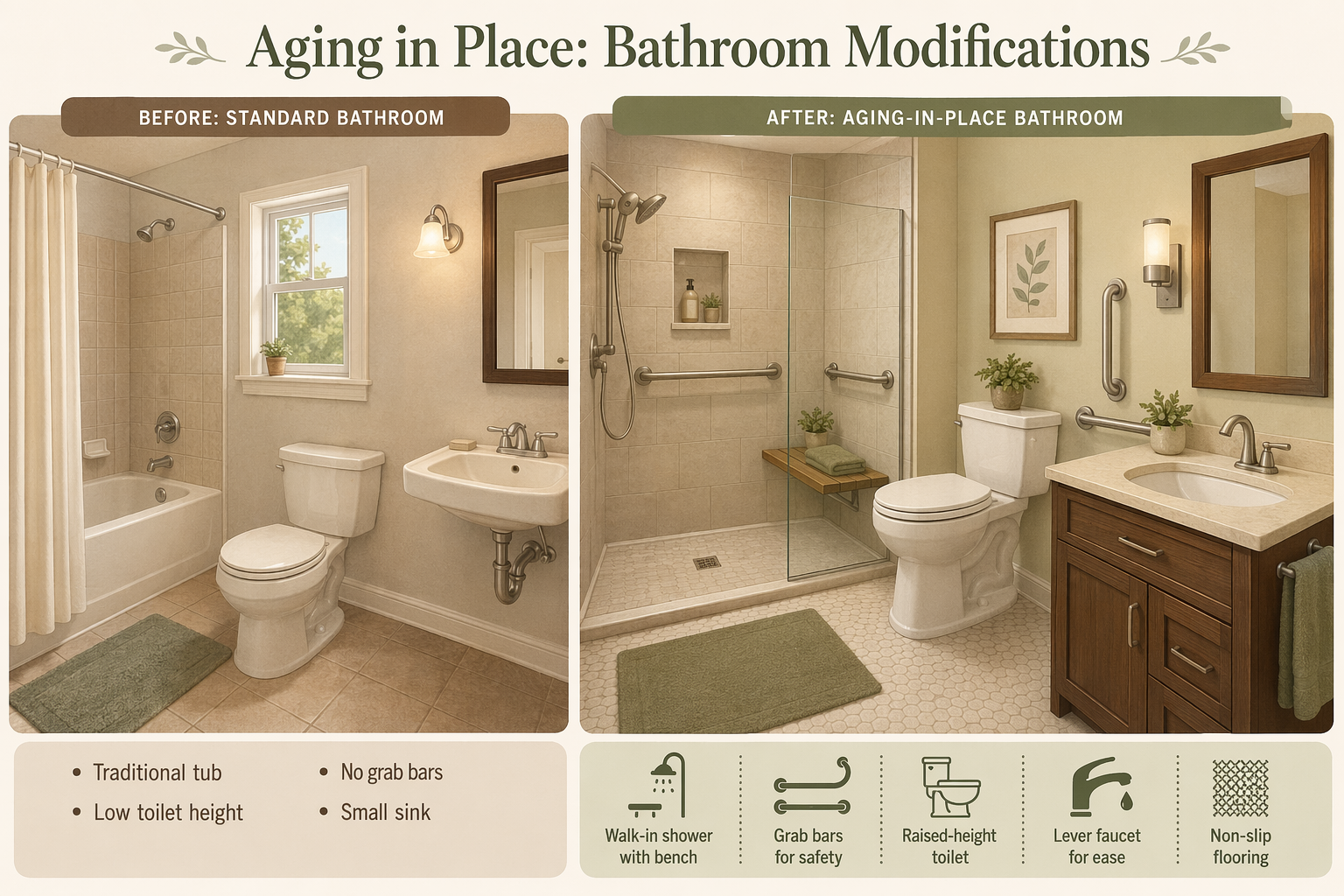 Side-by-side illustration comparing a standard bathroom with a tub and low toilet to a modified bathroom with a walk-in shower, grab bars, raised toilet, and lever faucet.