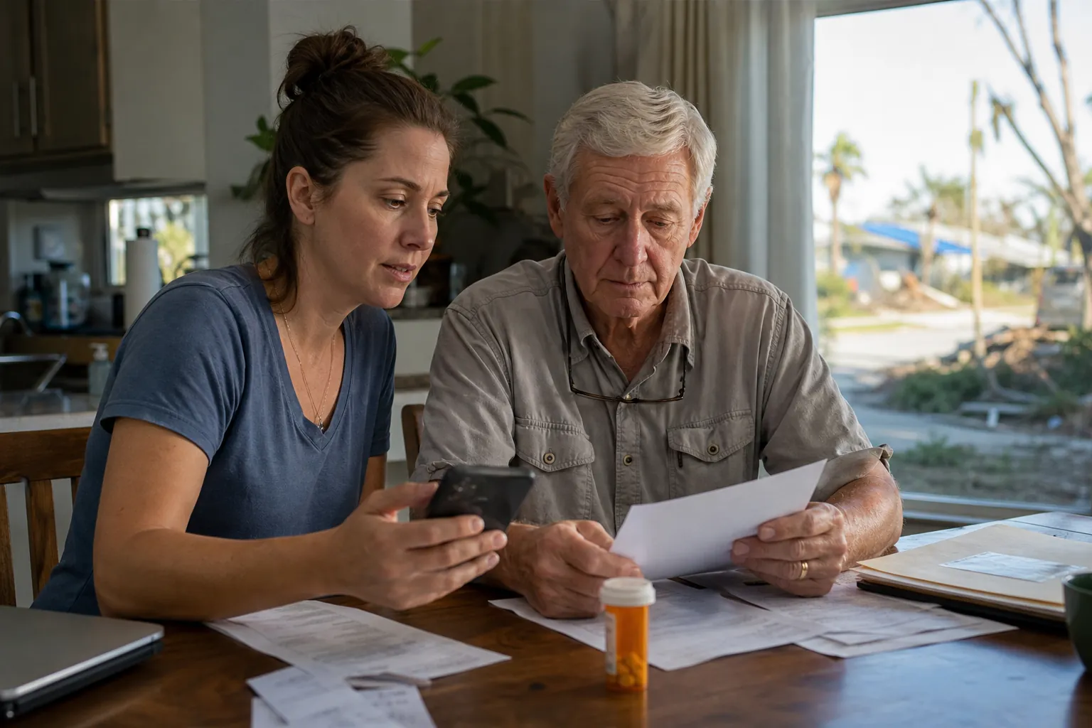 Adult daughter and older father reviewing hurricane recovery paperwork at a kitchen table with a prescription bottle nearby