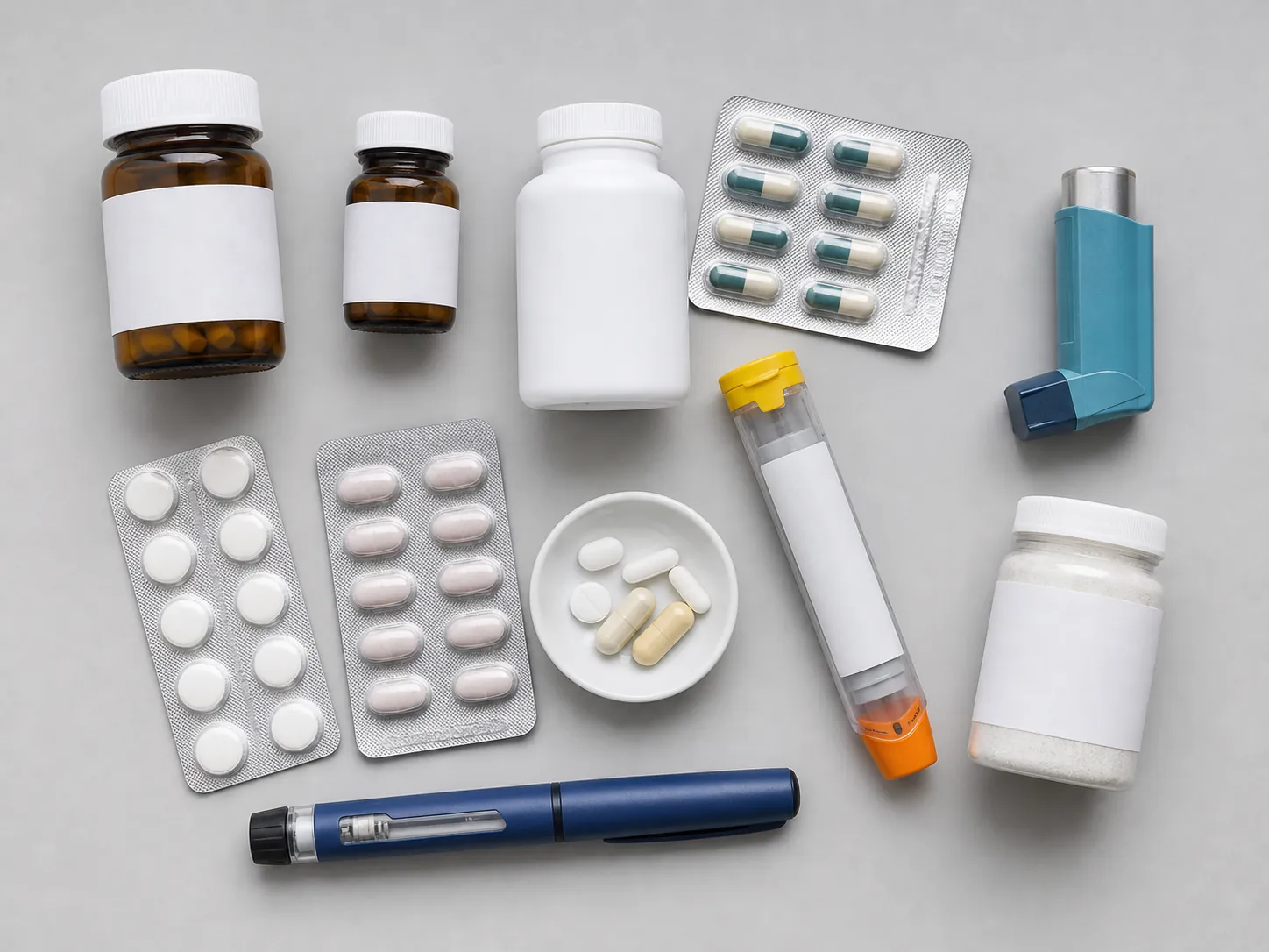 Prescription bottles, blister packs, inhaler, auto-injector, insulin pen, supplement jar, and loose pills gathered for medication review