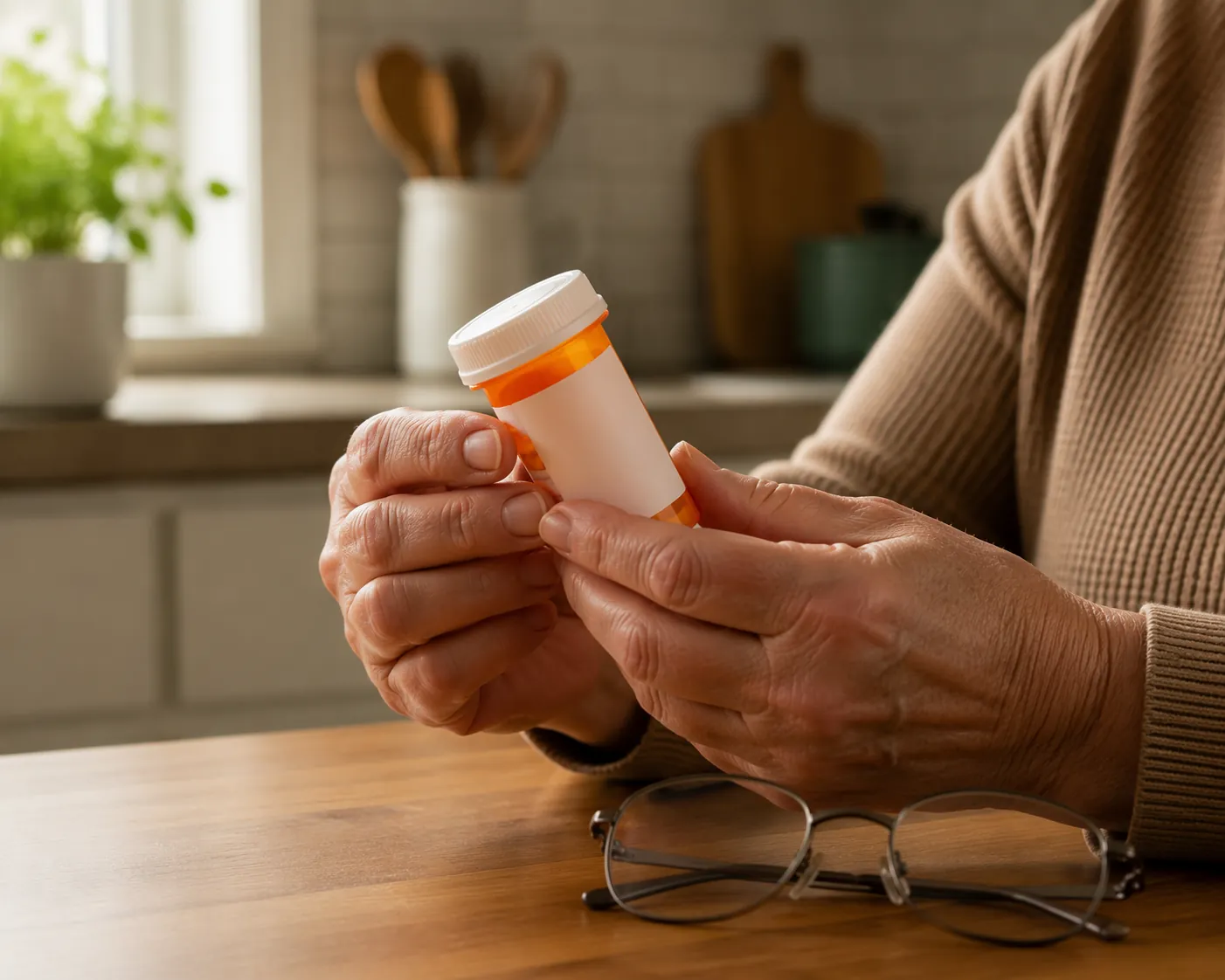 Older adult holding an orange prescription medication bottle at a kitchen table