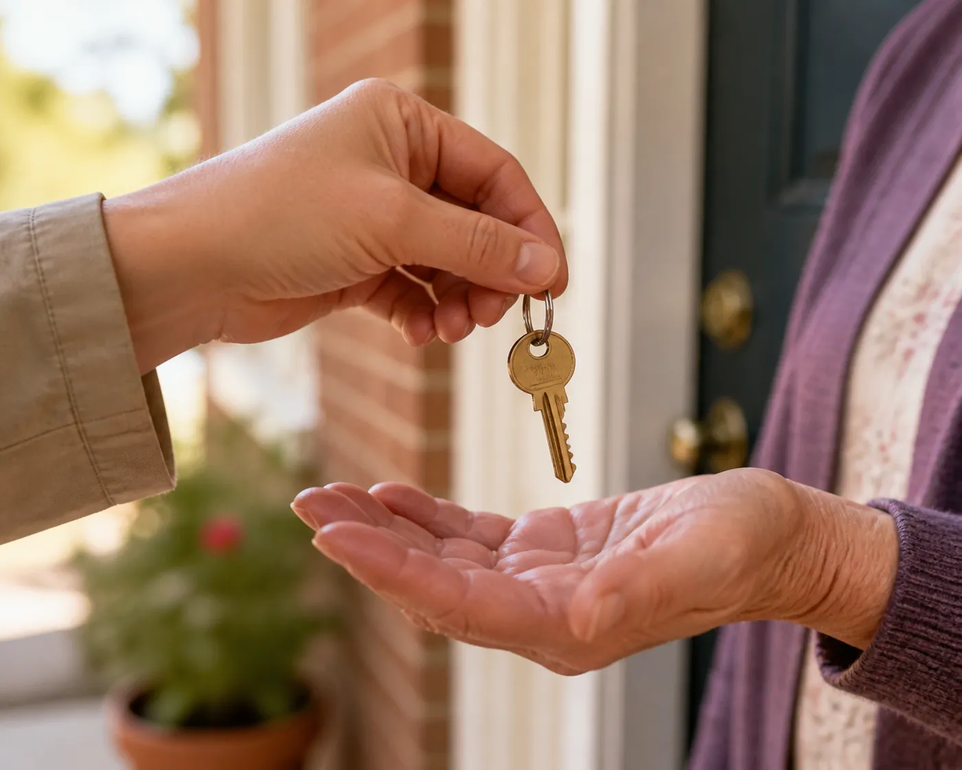 A spare house key being handed to an older adult at the doorway