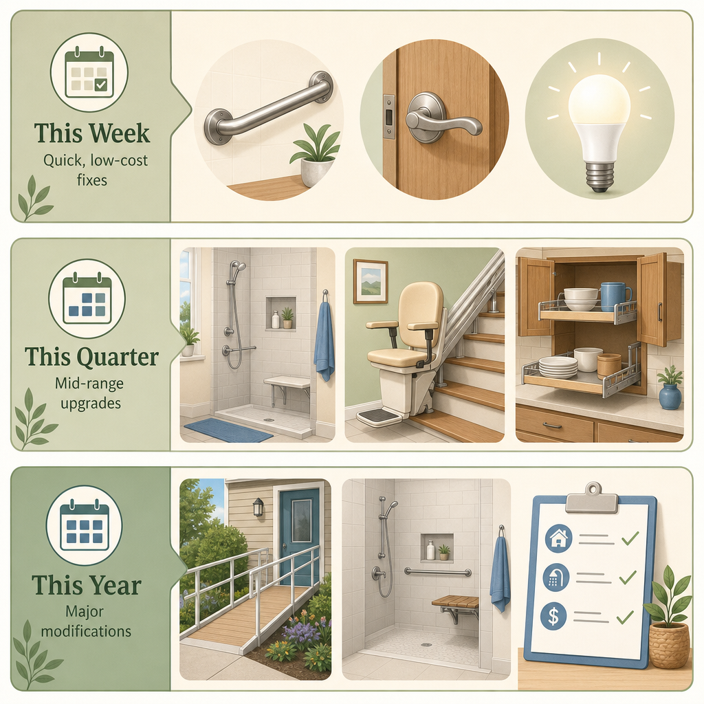 A three-tier priority framework illustration showing 'This Week' icons on a sage green background, 'This Quarter' icons on a warm wood-toned background, and 'This Year' icons on a soft blue background.