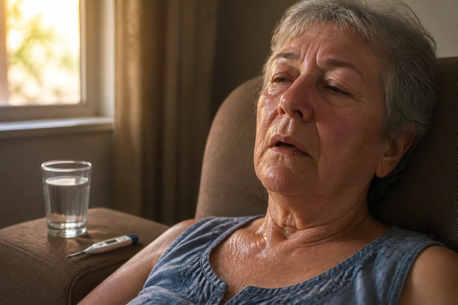 Older adult with damp sweaty skin and an untouched glass of water during a possible heat emergency