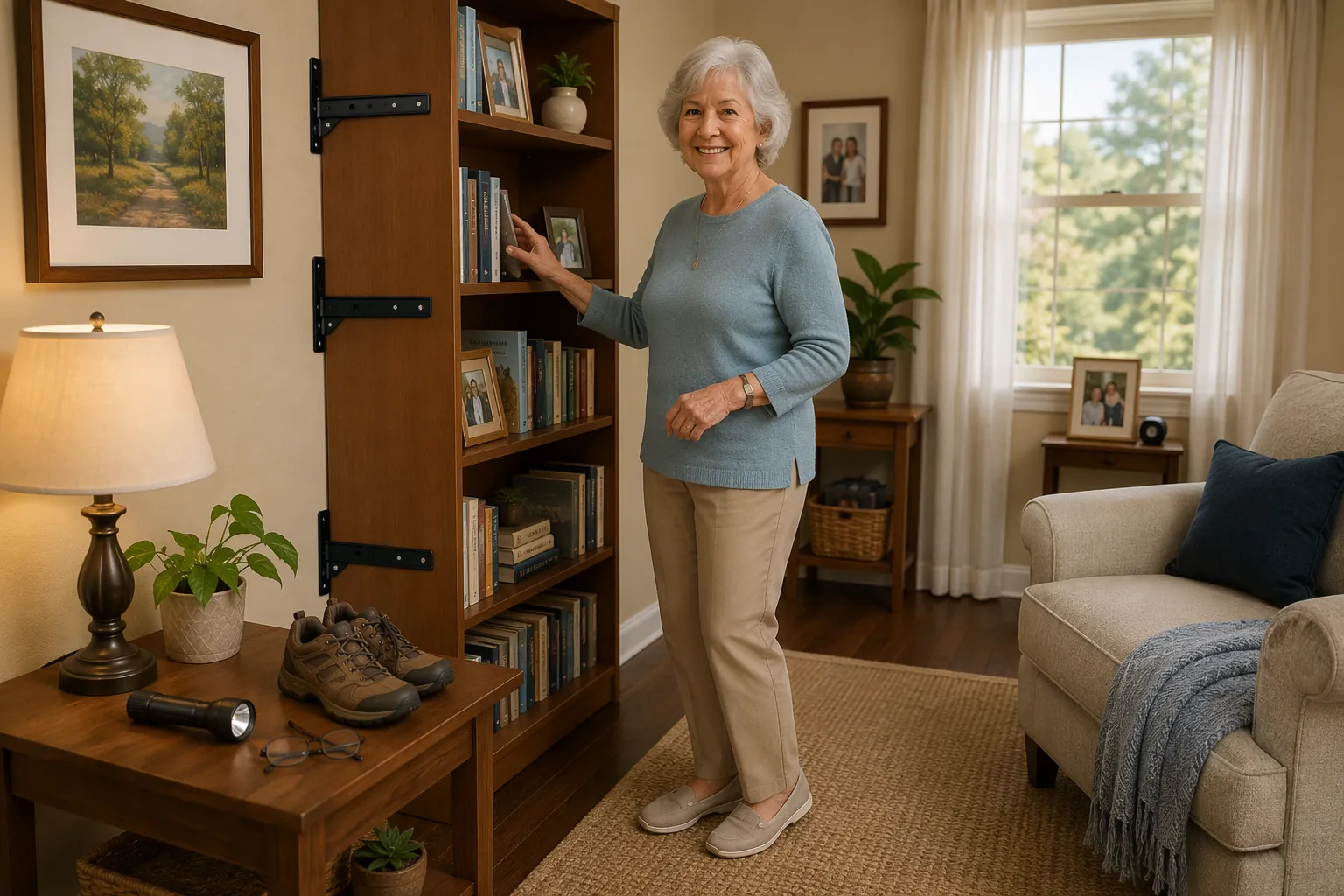 Older woman beside a wall-secured bookshelf in a clear, well-lit living room with flashlight, glasses, and sturdy shoes nearby