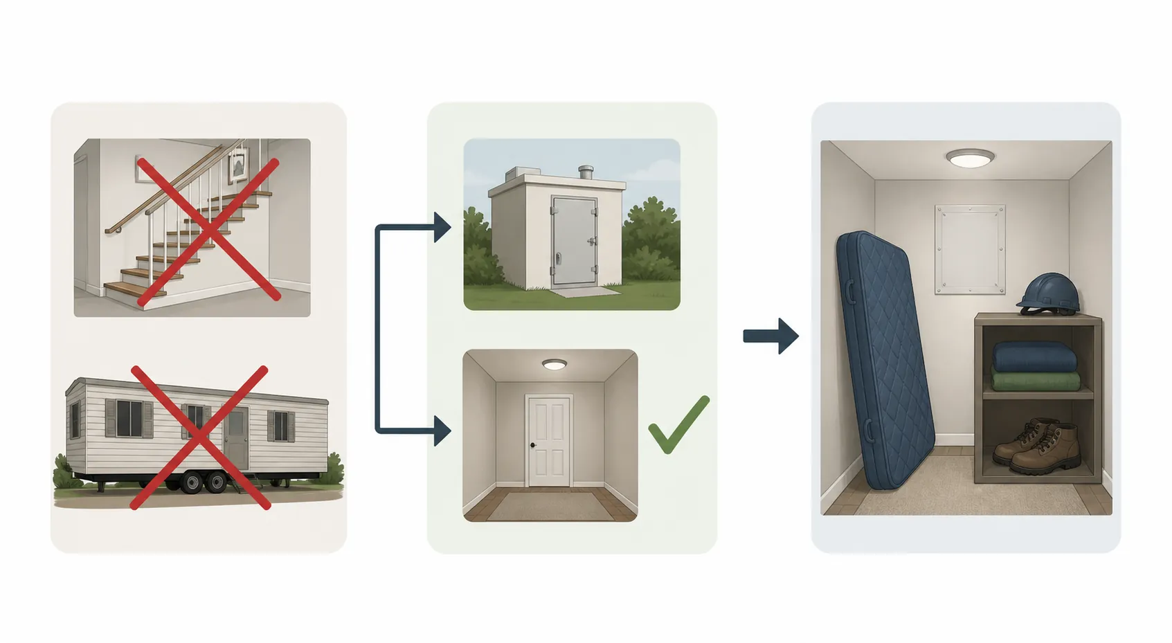 Three-stage tornado shelter decision flow showing unsafe options crossed out, shelter choices, and a prepared interior room